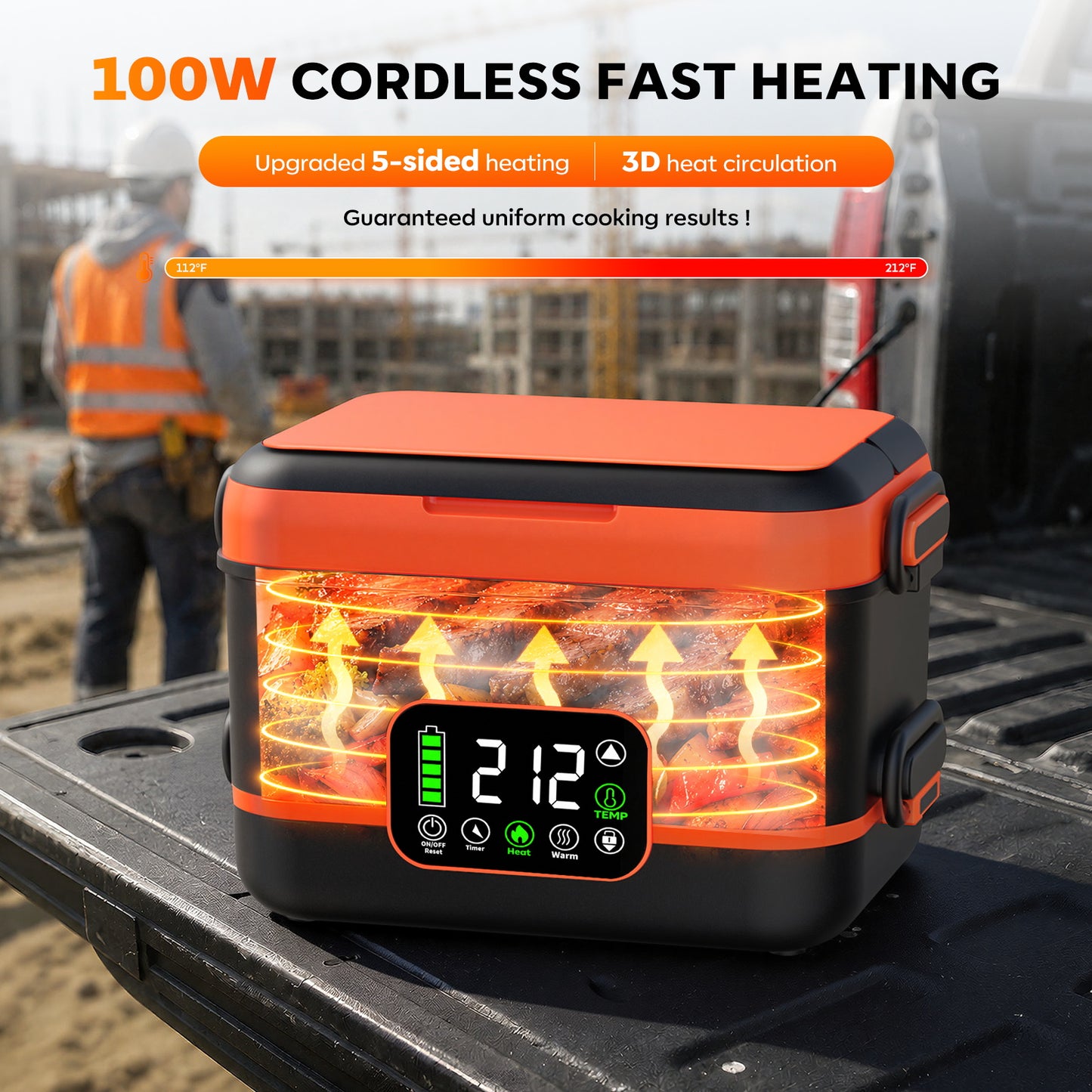 QUVIF 5-Sided Cordless Heated Lunch Box for Adults, 100W, 6.3 Cup