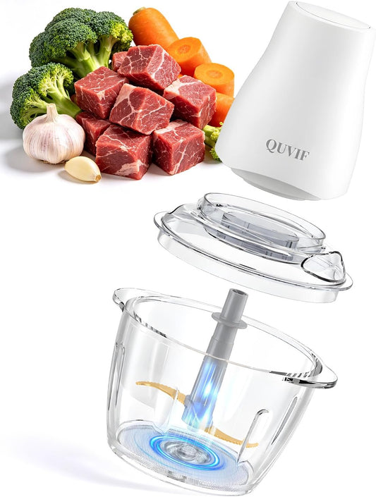 QUVIF electric food chopper with glass bowl, small meat grinder for mincing beef, garlic, carrot and broccoli, household kitchen food processor