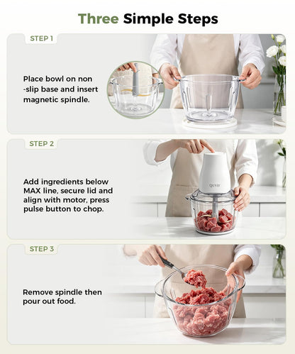 QUVIF electric food chopper 3 simple steps operation guide, easy to use for beginners, just install spindle, add ingredients to chop, then take out food effortlessly