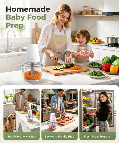 QUVIF electric food chopper perfect for homemade baby food prep, multi-scene family use including pet-friendly kitchen, backyard BBQ and fresh meal storage