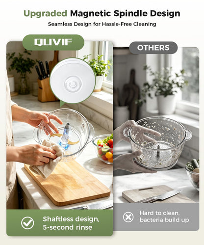 QUVIF upgraded magnetic shaftless spindle food chopper comparison chart, easy 5-second rinse design vs traditional hard-to-clean meat grinder that breeds bacteria