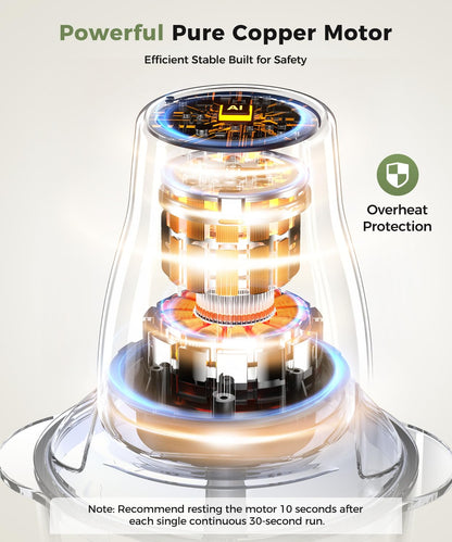 QUVIF electric food chopper equipped with powerful pure copper motor, built-in overheat protection design for stable, efficient and safe long-time kitchen food processing
