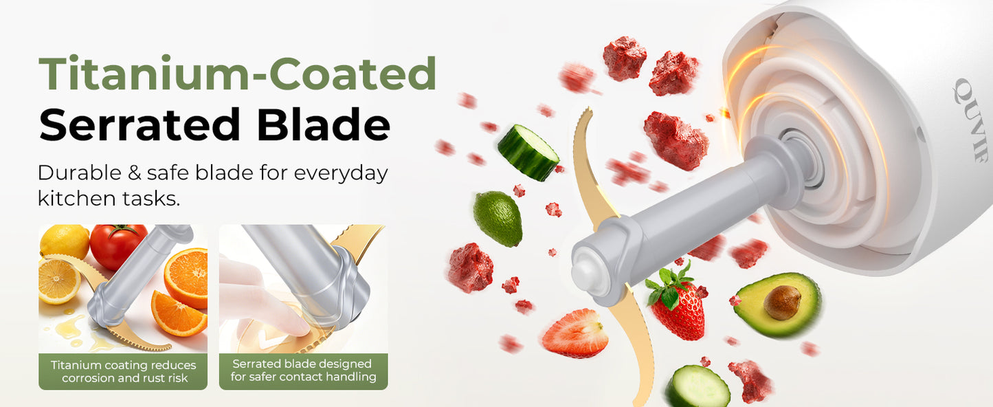 QUVIF electric food chopper with durable titanium-coated serrated blade, rust-resistant safe cutting blade for mincing meat, fruits and vegetables
