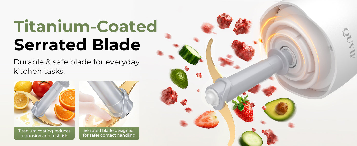 QUVIF electric food chopper with durable titanium-coated serrated blade, rust-resistant safe cutting blade for mincing meat, fruits and vegetables
